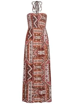 ONLY Damen Viskose Maxi Bandeau Kleid Azteken Print Bindedetail Oben Roasted Rot