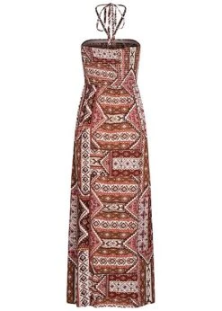 ONLY Damen Viskose Maxi Bandeau Kleid Azteken Print Bindedetail Oben Roasted Rot -Luftig Und Leicht 21041984 2