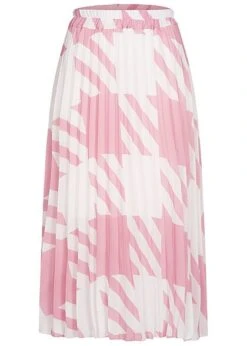 Styleboom Fashion Damen Longform Rock Hahnentritt Muster 2-lagig Weiss D. Rosa