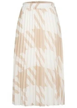 Styleboom Fashion Damen Longform Rock Hahnentritt Muster 2-lagig Weiss Beige
