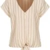 Tom Tailor Damen V-Neck Leinen Blusen Shirt Knopfleiste Streifen Muster Braun Beige -Luftig Und Leicht 21052403