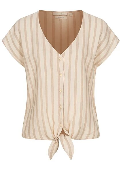 Tom Tailor Damen V-Neck Leinen Blusen Shirt Knopfleiste Streifen Muster Braun Beige 3 Tom Tailor Damen V-Neck Leinen Blusen Shirt Knopfleiste Streifen Muster Braun Beige