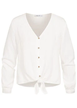 Hailys Damen V-Neck Langarm Blusen Shirt Knopfleiste Bindedetail Vorne Off Weiss