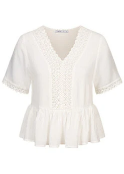 Hailys Damen V-Neck Blusen Shirt Spitzendetails Off Weiss