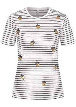ONLY Damen T-Shirt Streifen Eichel Print Pailletten Bright Weiss