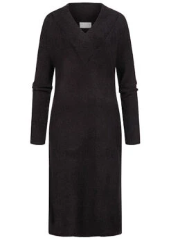 VILA Damen NOOS Midi V-Neck Strickkleid Schlitze Seitlich Gerippte Säume Schwarz