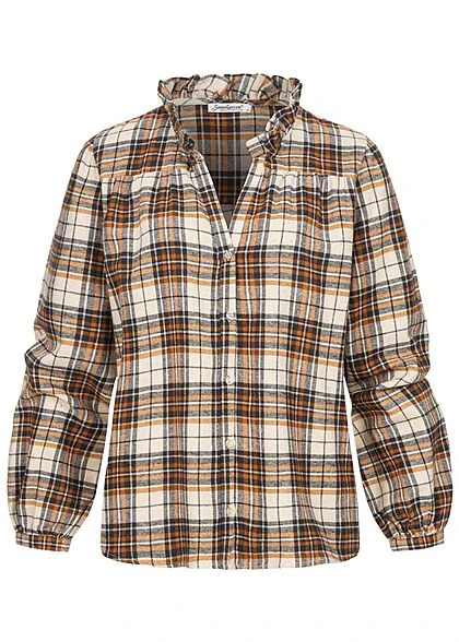 Seventyseven Lifestyle Damen Leichte V-Neck Bluse Karo Muster Rüschen Orange Beige 3 Seventyseven Lifestyle Damen Leichte V-Neck Bluse Karo Muster Rüschen Orange Beige