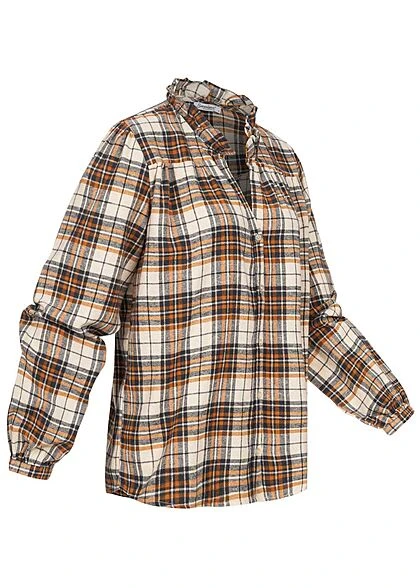 Seventyseven Lifestyle Damen Leichte V-Neck Bluse Karo Muster Rüschen Orange Beige 4 Seventyseven Lifestyle Damen Leichte V-Neck Bluse Karo Muster Rüschen Orange Beige – Bild 2