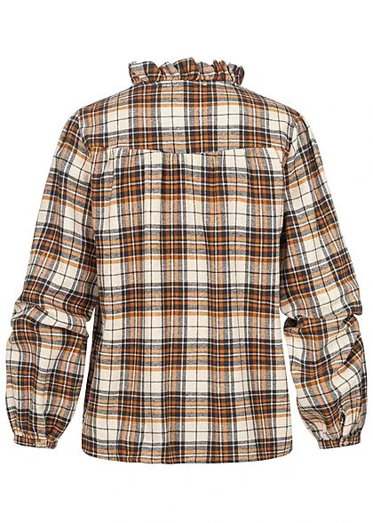 Seventyseven Lifestyle Damen Leichte V-Neck Bluse Karo Muster Rüschen Orange Beige 5 Seventyseven Lifestyle Damen Leichte V-Neck Bluse Karo Muster Rüschen Orange Beige – Bild 3