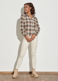 Seventyseven Lifestyle Damen Leichte V-Neck Bluse Karo Muster Rüschen Orange Beige 9 Seventyseven Lifestyle Damen Leichte V-Neck Bluse Karo Muster Rüschen Orange Beige -Luftig Und Leicht 21099003 3