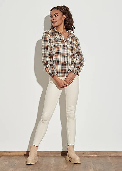 Seventyseven Lifestyle Damen Leichte V-Neck Bluse Karo Muster Rüschen Orange Beige 6 Seventyseven Lifestyle Damen Leichte V-Neck Bluse Karo Muster Rüschen Orange Beige – Bild 4