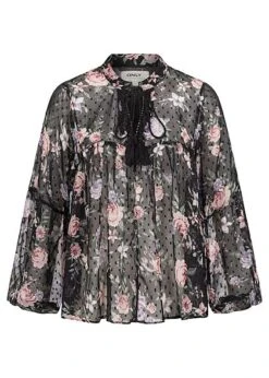 ONLY Damen V-Neck Blusen Shirt Punkte Rosen Muster Schwarz
