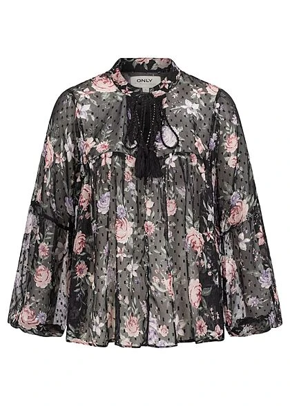 ONLY Damen V-Neck Blusen Shirt Punkte Rosen Muster Schwarz 3 ONLY Damen V-Neck Blusen Shirt Punkte Rosen Muster Schwarz