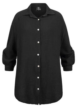 Styleboom Fashion Damen Bluse Hemd Oversized Knopfleiste Schwarz