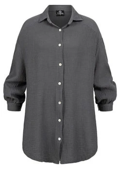 Styleboom Fashion Damen Bluse Hemd Oversized Knopfleiste Dunkel Grau