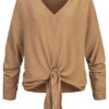 Styleboom Fashion Damen Bluse Longsleeve Mit Knoten Vorne Camel Braun 1 Styleboom Fashion Damen Bluse Longsleeve Mit Knoten Vorne Camel Braun -Luftig Und Leicht 21106722