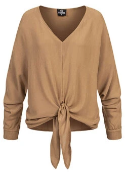 Styleboom Fashion Damen Bluse Longsleeve Mit Knoten Vorne Camel Braun