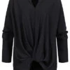 Styleboom Fashion Damen Bluse Longsleeve Knotendetail Vorne Schwarz