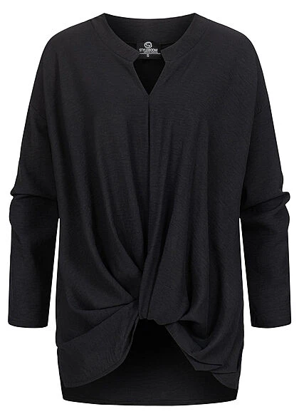 Styleboom Fashion Damen Bluse Longsleeve Knotendetail Vorne Schwarz 3 Styleboom Fashion Damen Bluse Longsleeve Knotendetail Vorne Schwarz