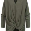 Styleboom Fashion Damen Bluse Longsleeve Knotendetail Vorne Oliv Grün -Luftig Und Leicht 21106752