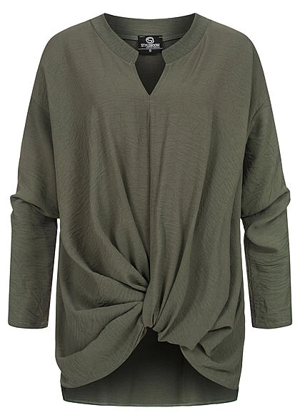 Styleboom Fashion Damen Bluse Longsleeve Knotendetail Vorne Oliv Grün 3 Styleboom Fashion Damen Bluse Longsleeve Knotendetail Vorne Oliv Grün