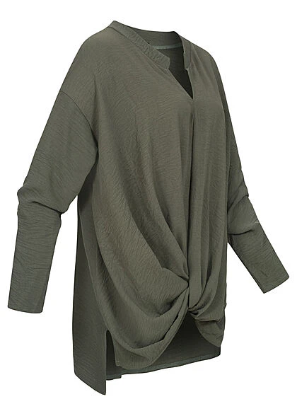 Styleboom Fashion Damen Bluse Longsleeve Knotendetail Vorne Oliv Grün 4 Styleboom Fashion Damen Bluse Longsleeve Knotendetail Vorne Oliv Grün – Bild 2