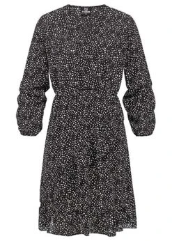 Styleboom Fashion Damen Longsleeve Dress Print Gepunktet Schwarz Weiss