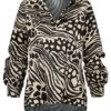Styleboom Fashion Damen Bluse Satinbluse V-Neck Animalprint Beige Schwarz -Luftig Und Leicht 21106884
