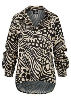 Styleboom Fashion Damen Bluse Satinbluse V-Neck Animalprint Beige Schwarz