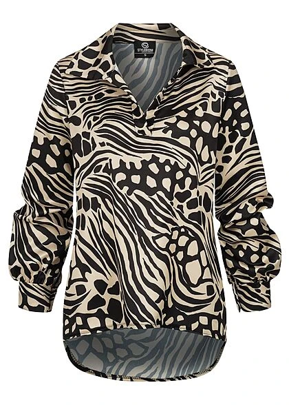 Styleboom Fashion Damen Bluse Satinbluse V-Neck Animalprint Beige Schwarz 3 Styleboom Fashion Damen Bluse Satinbluse V-Neck Animalprint Beige Schwarz