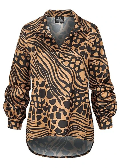 Styleboom Fashion Damen Bluse Satinbluse V-Neck Animalprint Camel Braun Schwarz 3 Styleboom Fashion Damen Bluse Satinbluse V-Neck Animalprint Camel Braun Schwarz