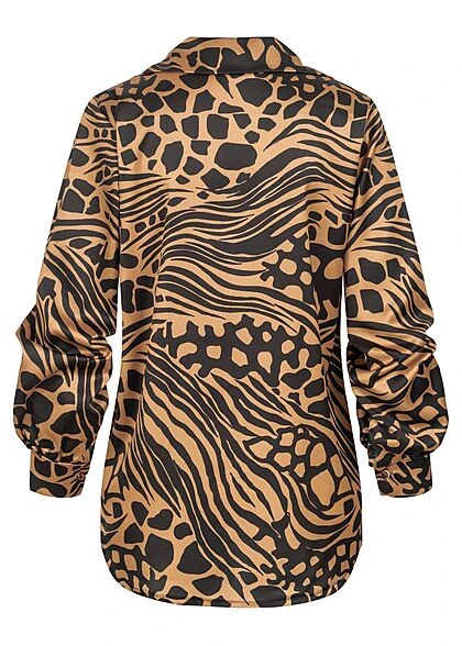 Styleboom Fashion Damen Bluse Satinbluse V-Neck Animalprint Camel Braun Schwarz 4 Styleboom Fashion Damen Bluse Satinbluse V-Neck Animalprint Camel Braun Schwarz – Bild 2