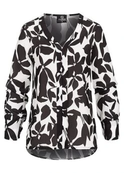 Styleboom Fashion Damen Bluse Chiffonbluse V-Neck Schwarz Weiss