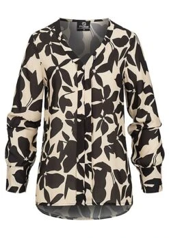 Styleboom Fashion Damen Bluse Chiffonbluse V-Neck Schwarz Camel Braun