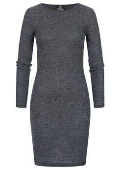Styleboom Fashion Damen Rippoptik Kleid Longsleeve Dunkel Blau Grau