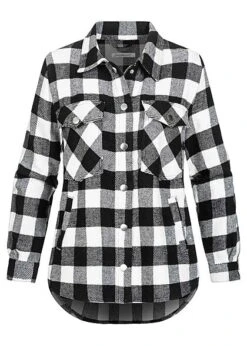Seventyseven Lifestyle Damen Shaket Hemd 4-Pockets Karo Muster Druckknöpfe Schwarz