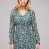 Cloud5ive Damen Chiffon Kleid V-Neck Breiter Gummibund Blumen Print Blau -Luftig Und Leicht 21116049