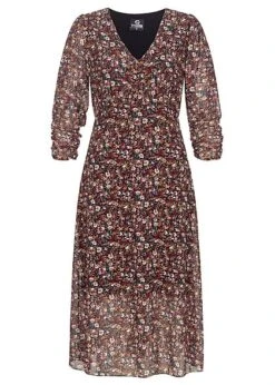 Styleboom Fashion Damen V-Neck Chiffon Midi Kleid Blumen Print Schwarz Weinrot