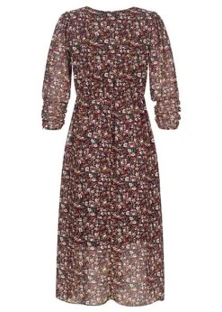 Styleboom Fashion Damen V-Neck Chiffon Midi Kleid Blumen Print Schwarz Weinrot -Luftig Und Leicht 21116949 2