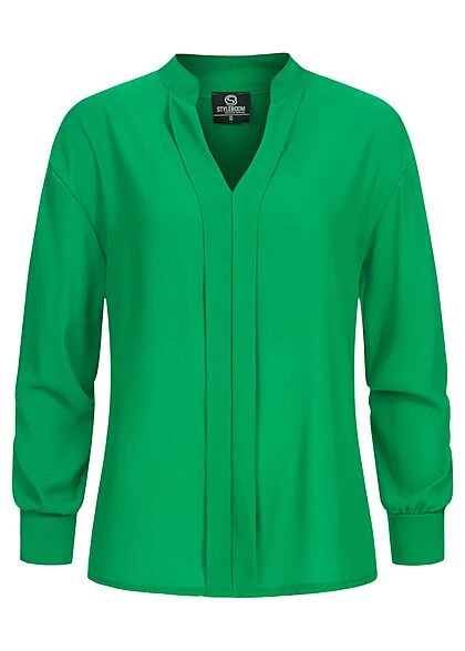 Styleboom Fashion Damen V-Neck Chiffon Bluse Mit Plisseefalte Vorne Grün 3 Styleboom Fashion Damen V-Neck Chiffon Bluse Mit Plisseefalte Vorne Grün