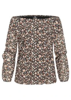 Styleboom Fashion Damen Off-Shoulder Bluse Mit Blumen Print Schwarz Orange