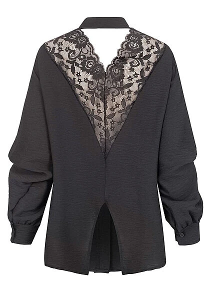 Styleboom Fashion Damen V-Neck Bluse Mit Spitze Am Rücken Schwarz 4 Styleboom Fashion Damen V-Neck Bluse Mit Spitze Am Rücken Schwarz – Bild 2