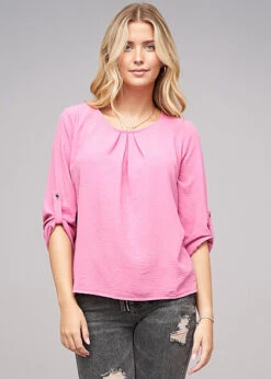 Cloud5ive Damen Turn-Up Blusen Shirt Mit Raffdetail Am Kragen Pink