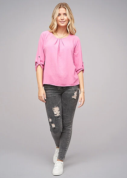 Cloud5ive Damen Turn-Up Blusen Shirt Mit Raffdetail Am Kragen Pink 6 Cloud5ive Damen Turn-Up Blusen Shirt Mit Raffdetail Am Kragen Pink – Bild 4