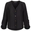 Cloud5ive Damen V-Neck Chiffon Bluse Mit Knopfleiste Vokuhila Schwarz -Luftig Und Leicht 21117001