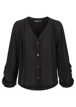 Cloud5ive Damen V-Neck Chiffon Bluse Mit Knopfleiste Vokuhila Schwarz