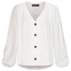 Cloud5ive Damen V-Neck Chiffon Bluse Mit Knopfleiste Vokuhila Weiss