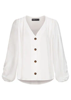 Cloud5ive Damen V-Neck Chiffon Bluse Mit Knopfleiste Vokuhila Weiss