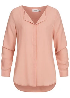 VILA Damen NOOS Leichte V-Neck Langarm Bluse Vokuhila Misty Rosa