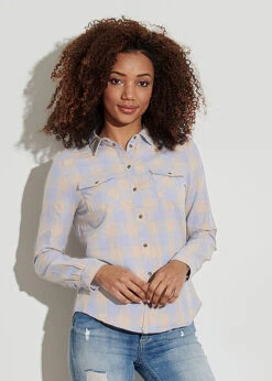 ONLY Damen Langarm Blusen Hemd Knopfleiste Karo Muster 2 Brusttaschen Cashmere Blau -Luftig Und Leicht 22010054 3